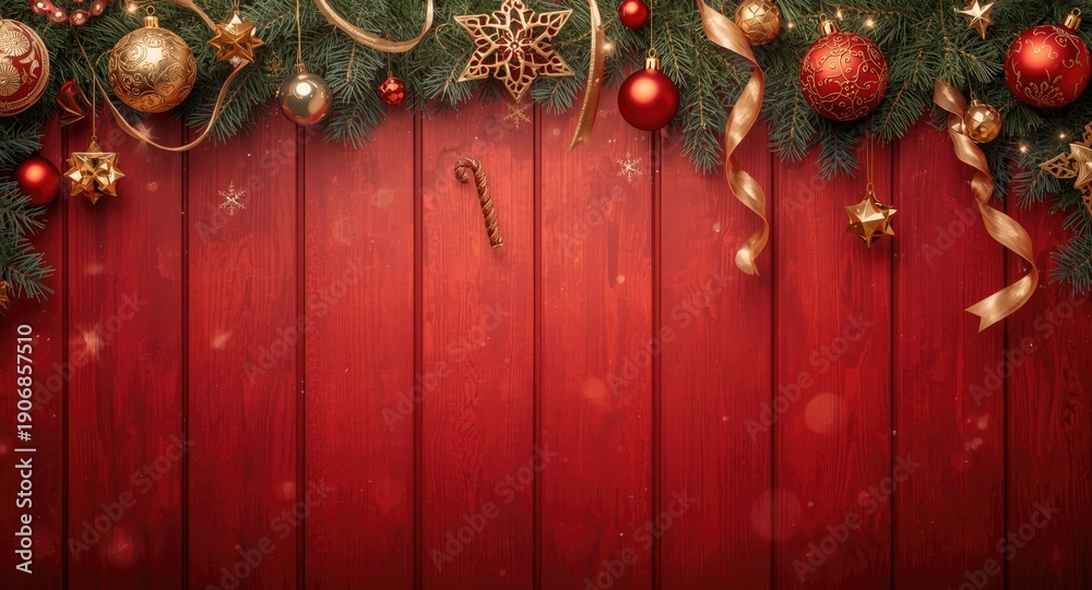 Naklejka premium Festive Christmas border with decorations and garland on red wooden surface and copy space