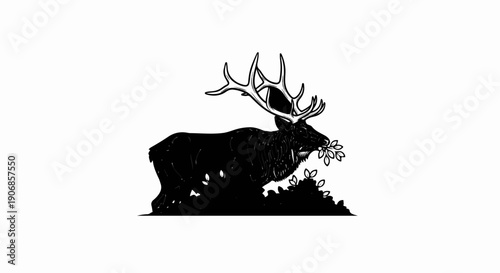 Elegant elk with magnificent antlers grazes on delicate foliage
