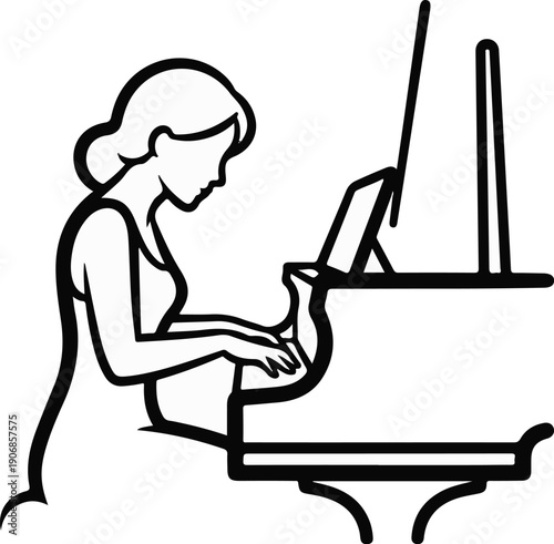 Elegant figure gracefully plays a grand piano with focus