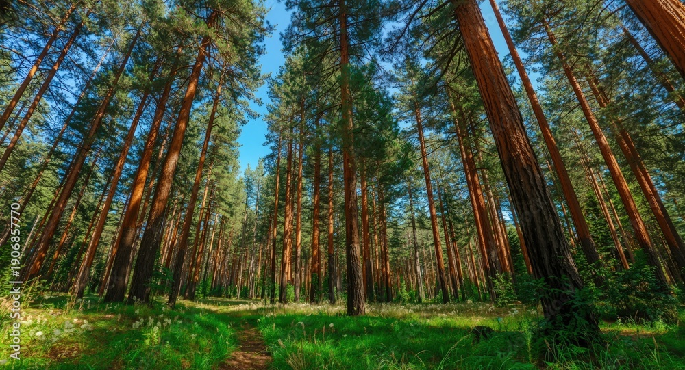 Fototapeta premium Looking up among tall, vibrant pine trees in a peaceful forest