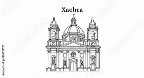 Detailed line drawing of a grand European cathedral with twin bell towers and a central dome