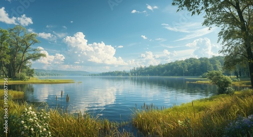 Expansive calm lake scene w...