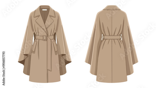 Detailed front and back flat illustration of a stylish beige long cape coat with a belted waist