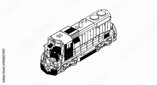 Detailed line drawing of a powerful locomotive engine with multiple wheels