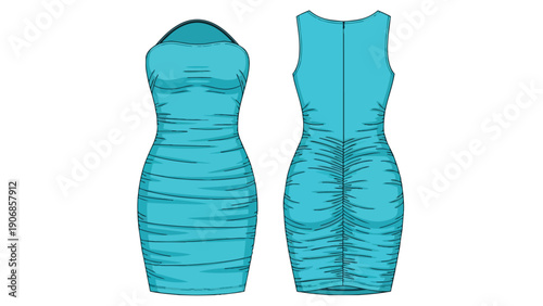 Blue ruched bodycon dress fashion flat sketch illustration for design templates