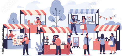 Diverse people browsing and shopping at outdoor market stalls displaying crafts and goods