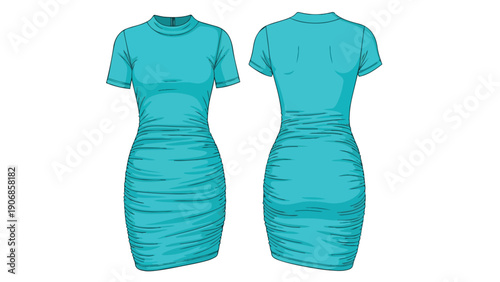 Detailed aqua blue ruched mini dress technical fashion flat sketch presenting both front and rear views on a clean white background an essential