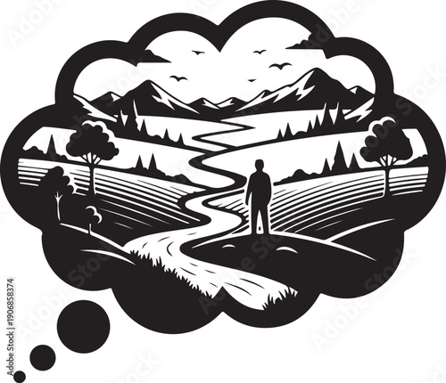 Man standing on hill thinking of serene landscape scenery