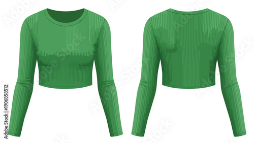 An illustration depicting the front and back views of a versatile, form-fitting green long-sleeve crop top designed for modern casual and active