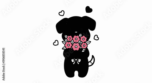 Cute black dog silhouette holding pink flowers, white hearts around