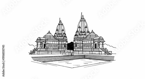 Detailed line drawing of a symmetrical, multi-domed ancient temple complex with a water body