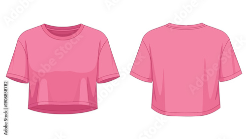 Vibrant pink short-sleeved cropped t-shirt vector illustration depicting both front and rear views on a clean white background essential apparel