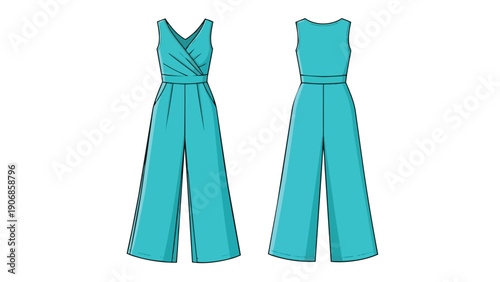 Chic teal wrap-neck wide-leg jumpsuit fashion flat illustration showing front and back design details clearly