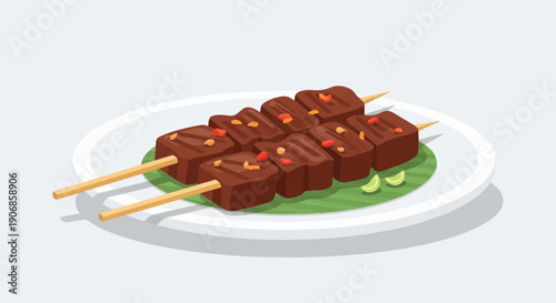 Cubes of seasoned meat on skewers, served with lime slices