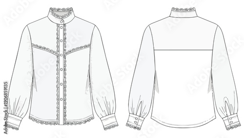 Elegant women's blouse technical drawing featuring intricate lace details and voluminous sleeves