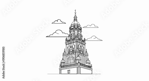 Detailed line drawing of a tall, ornate clock tower with clouds