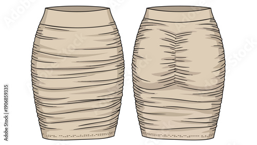 Contemporary women's fashion pencil skirt illustration with intricate ruching detail, showcasing both front and rear garment perspectives for design