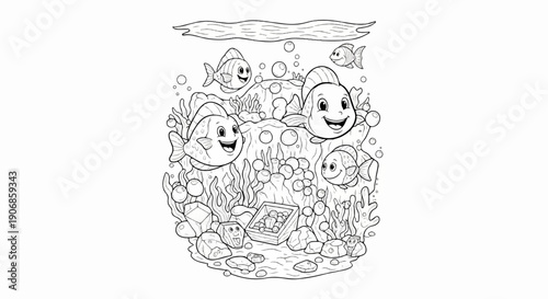 Cheerful cartoon fish explore a treasure chest at the bottom of the ocean