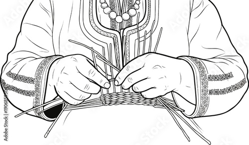 Close-up of hands weaving with straw, intricate garment details, beaded necklace