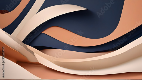 Futuristic Tech Background with Layered Paper-Cut Curves｜青系テクノロジー抽象背景（AI／データ／HUD）