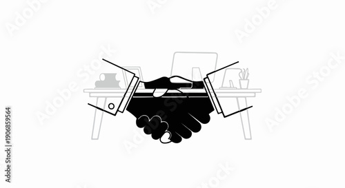 Business handshake with office desk and computer in background