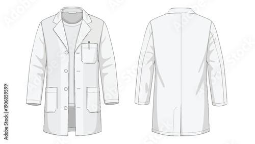 Professional medical uniform flat illustration: front and back view of a pristine white laboratory coat design blueprint