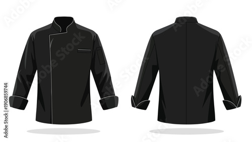 Professional black chef jacket design template, showing front and back views for culinary uniform apparel illustration
