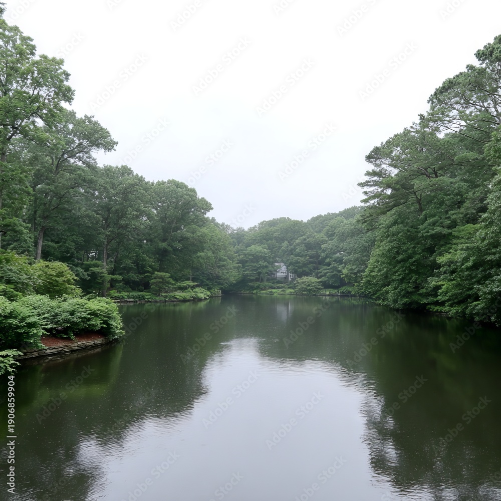 Fototapeta premium Early morning calm lake surrounded by lush green trees and soft reflections on the water surface, creating a serene and tranquil natural setting