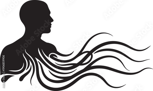 Silhouette of a person with flowing abstract lines emerging