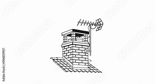 Brick chimney on tiled roof with aerial