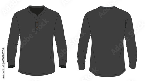 Charcoal long-sleeve henley shirt vector template front and back views.