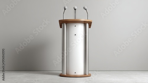 Empty podium with three microphones in a minimalistic press conference setting against a plain gray wall, designed for public speaking or announcements