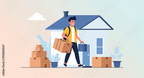 Cheerful person carrying boxes and suitcase toward a house