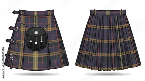 Traditional Scottish Kilt Design Illustration with Sporran and Pleated Back View