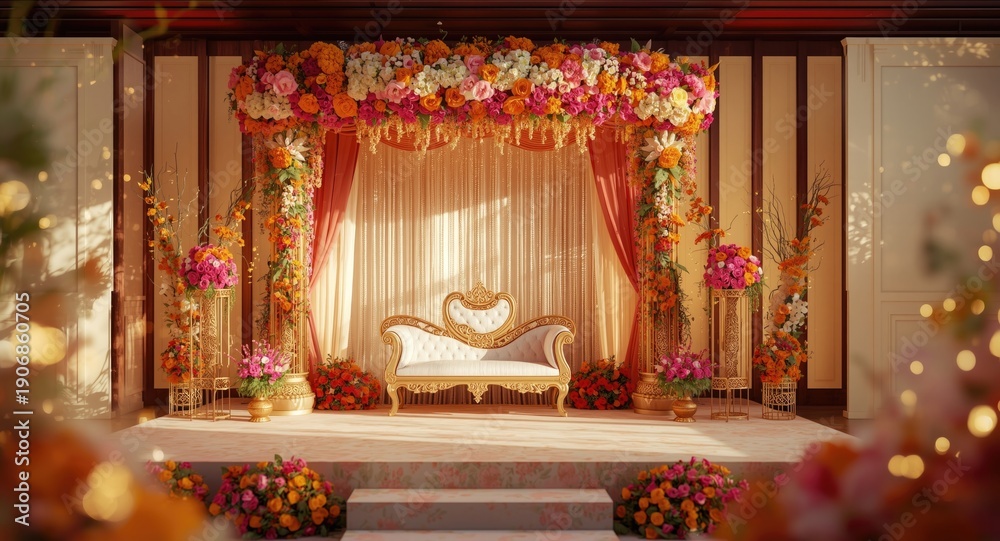 Fototapeta premium Festively decorated Indian wedding stage filled with flowers and copy space