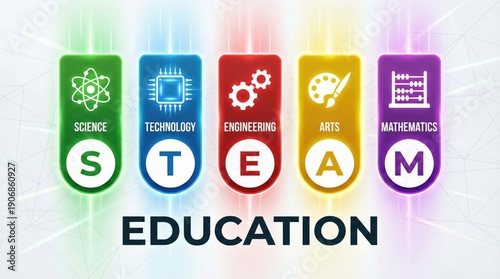 STEAM education concept illustration with science technology engineering arts and mathematics icons,colorful modern learning banner promoting creativity innovation and knowledge