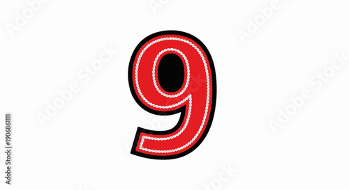 Bold red numeral 9 with white rope trim and black outline