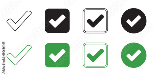 Vector set of black and green check mark icons, collection of tick symbols and approved signs for web UI and mobile app interface design.