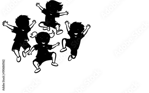 Cheerful silhouetted children in playful poses, jumping with joy