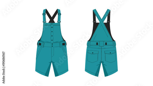 Modern vibrant turquoise overall shorts with adjustable black straps, displayed in detailed front and back views for contemporary fashion design