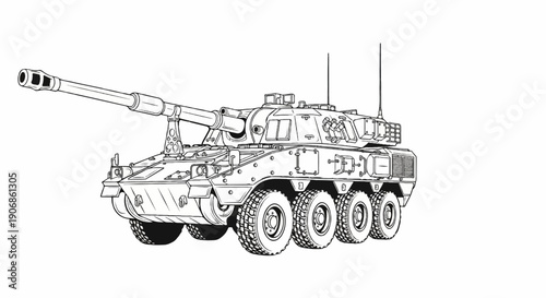 Detailed line drawing of a wheeled military vehicle with a large gun