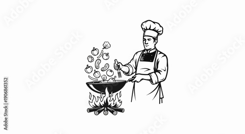 Chef cooking vegetables in a wok over an open fire (1)