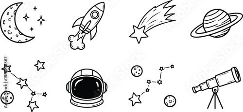 Space and Astronomy Doodle Vector Icons Set: Moon, Stars, Rocket, Comet, Saturn, Constellation, Astronaut Helmet, Telescope, isolated on white