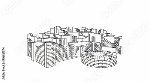 Detailed line drawing of an ancient brick city with crumbling walls and a circular well