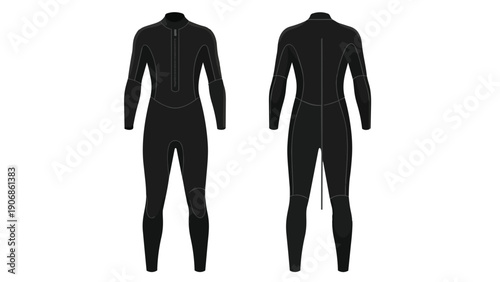 Detailed flat design of a black neoprene wetsuit, perfect for water sports equipment apparel.
