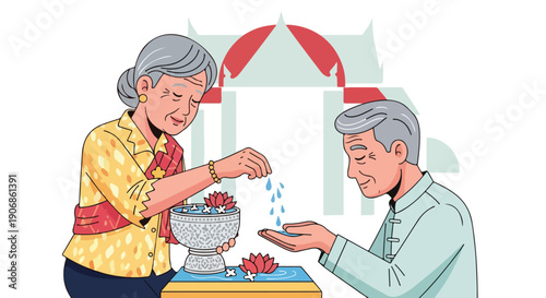 Elderly figures in traditional clothing perform a ceremonial water blessing