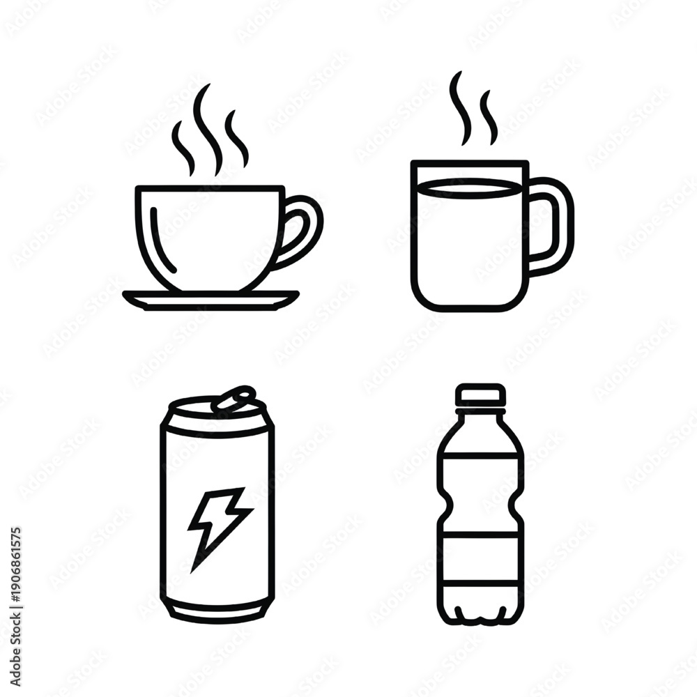 Obraz premium Collection of Beverage Icons Featuring Cups and Containers in Simple Line Art Style