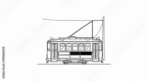 Detailed line drawing of an old-fashioned electric streetcar with overhead wires and trolley pole