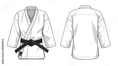 Detailed vector illustration of a traditional martial arts uniform with a black belt, front and back views perfect for sports design resources