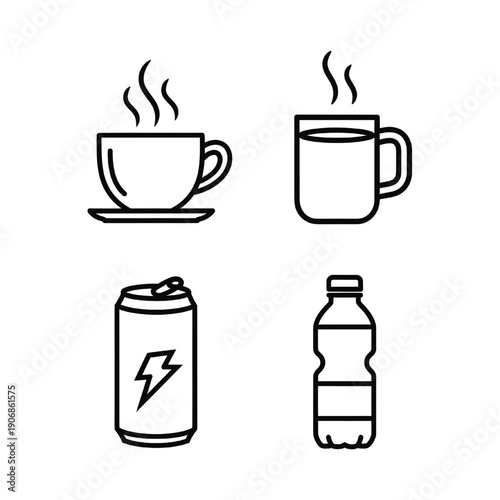 Collection of Beverage Icons Featuring Cups and Containers in Simple Line Art Style